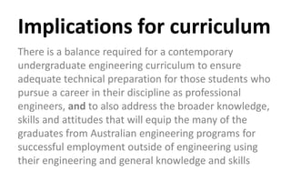 Implications for curriculum
There is a balance required for a contemporary
undergraduate engineering curriculum to ensure
adequate technical preparation for those students who
pursue a career in their discipline as professional
engineers, and to also address the broader knowledge,
skills and attitudes that will equip the many of the
graduates from Australian engineering programs for
successful employment outside of engineering using
their engineering and general knowledge and skills
 