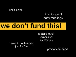 org T-shirts
travel to conference
just for fun
food for gen’l
body meetings
laptops, other
expensive
electronics
promotional items
we don’t fund this!
 