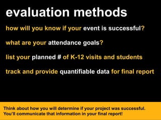 evaluation methods
how will you know if your event is successful?
what are your attendance goals?
list your planned # of K-12 visits and students
track and provide quantifiable data for final report
Think about how you will determine if your project was successful.
You’ll communicate that information in your final report!
 