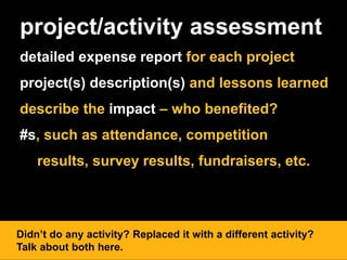project/activity assessment
detailed expense report for each project
project(s) description(s) and lessons learned
describe the impact – who benefited?
#s, such as attendance, competition
results, survey results, fundraisers, etc.
Didn’t do any activity? Replaced it with a different activity?
Talk about both here.
 