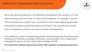 Deakin University CRICOS Provider Code: 00113B
Many new engineering graduates, and eventually most graduates, do not work in a PE role
Where graduates work out of field, it is often framed negatively – as ‘wastage’ or ‘attrition’
There are literally not enough PE roles in Australia for all Australian engineering graduates
(I contend) An engineering graduate working ‘out of field’ is not a second-class outcome
What is considered an authentic curriculum should be reconceptualised
Those significant number of engineering graduates who have historically found themselves
working out of field have, knowingly or otherwise, turned a problem into an opportunity,
finding gainful ways to use their engineering knowledge and skills
This empirically validated engineering solution offers guidance to engineering educators
Implications for undergraduate engineering curricula
13
 
