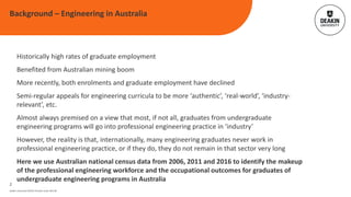 Deakin University CRICOS Provider Code: 00113B
Historically high rates of graduate employment
Benefited from Australian mining boom
More recently, both enrolments and graduate employment have declined
Semi-regular appeals for engineering curricula to be more ‘authentic’, ‘real-world’, ‘industry-
relevant’, etc.
Almost always premised on a view that most, if not all, graduates from undergraduate
engineering programs will go into professional engineering practice in ‘industry’
However, the reality is that, internationally, many engineering graduates never work in
professional engineering practice, or if they do, they do not remain in that sector very long
Here we use Australian national census data from 2006, 2011 and 2016 to identify the makeup
of the professional engineering workforce and the occupational outcomes for graduates of
undergraduate engineering programs in Australia
Background – Engineering in Australia
2
 
