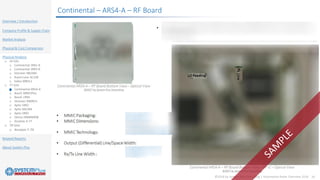 ©2018 by System Plus Consulting | Automotive Radar Overview 2018 20
Overview / Introduction
Company Profile & Supply Chain
Market Analysis
Physical & Cost Comparison
Physical Analysis
o 24 GHz
o Continental SRR2-A
o Continental SRR3-B
o Veoneer NB24BS
o AutoCruise AC100
o Valeo MBHL2
o 77 GHz
o Continental ARS4-A
o Bosch MRR1Plus
o Bosch LRR4
o Veoneer MMRV1
o Aptiv SRR2
o Aptiv RACAM
o Aptiv SRR3
o Denso DNMW008
o Ainstein K-77
o 79 GHz
o Ainstein T-79
Related Reports
About System Plus
Continental – ARS4-A – RF Board
 