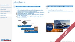 ©2018 by System Plus Consulting | Automotive Radar Overview 2018 28
Overview / Introduction
Company Profile & Supply Chain
Market Analysis
Physical & Cost Comparison
Physical Analysis
Related Reports
About System Plus
REVERSE COSTING ANALYSES - SYSTEM PLUS CONSULTING
RF & System
• Aptiv’s Third Generation of 77 GHz-Based Short-Range Radar (SRR3)
• Ainstein T-79: Automotive 79GHz Short Range Radar
• AWR1642 77 & 79 GHz RFCMOS Radar Chipset from Texas Instruments
• Continental SRR3-B 24GHz Blind-Spot Radar
• Autoliv’s 3rd Generation Automotive Night Vision Camera with FLIR’s
ISC0901 Microbolometer
• Continental MFC430TA – Forward Automotive Camera for Advanced
Driver Assistance Systems
MARKET AND TECHNOLOGY REPORTS - YOLE DÉVELOPPEMENT
RF
• Radar Technologies for Automotive 2018
• MEMS and Sensors for Automotive - Market and Technology Trends
2017
Related Reports
 