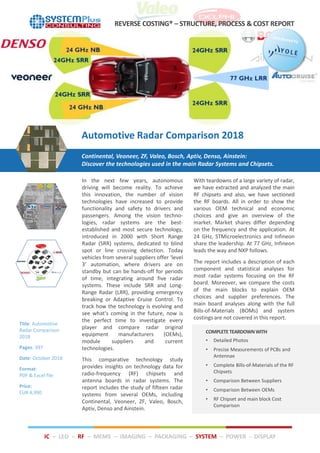 In the next few years, autonomous
driving will become reality. To achieve
this innovation, the number of vision
technologies have increased to provide
functionality and safety to drivers and
passengers. Among the vision techno-
logies, radar systems are the best-
established and most secure technology,
introduced in 2000 with Short Range
Radar (SRR) systems, dedicated to blind
spot or line crossing detection. Today
vehicles from several suppliers offer ‘level
3’ automation, where drivers are on
standby but can be hands-off for periods
of time, integrating around five radar
systems. These include SRR and Long-
Range Radar (LRR), providing emergency
breaking or Adaptive Cruise Control. To
track how the technology is evolving and
see what’s coming in the future, now is
the perfect time to investigate every
player and compare radar original
equipment manufacturers (OEMs),
module suppliers and current
technologies.
This comparative technology study
provides insights on technology data for
radio-frequency (RF) chipsets and
antenna boards in radar systems. The
report includes the study of fifteen radar
systems from several OEMs, including
Continental, Veoneer, ZF, Valeo, Bosch,
Aptiv, Denso and Ainstein.
With teardowns of a large variety of radar,
we have extracted and analyzed the main
RF chipsets and also, we have sectioned
the RF boards. All in order to show the
various OEM technical and economic
choices and give an overview of the
market. Market shares differ depending
on the frequency and the application. At
24 GHz, STMicroelectronics and Infineon
share the leadership. At 77 GHz, Infineon
leads the way and NXP follows.
The report includes a description of each
component and statistical analyses for
most radar systems focusing on the RF
board. Moreover, we compare the costs
of the main blocks to explain OEM
choices and supplier preferences. The
main board analyses along with the full
Bills-of-Materials (BOMs) and system
costings are not covered in this report.
COMPLETE TEARDOWNWITH
• Detailed Photos
• Precise Measurements of PCBs and
Antennae
• Complete Bills-of-Materials of the RF
Chipsets
• Comparison Between Suppliers
• Comparison Between OEMs
• RF Chipset and main block Cost
Comparison
Continental, Veoneer, ZF, Valeo, Bosch, Aptiv, Denso, Ainstein:
Discover the technologies used in the main Radar Systems and Chipsets.
REVERSE COSTING® – STRUCTURE, PROCESS & COST REPORT
Title: Automotive
Radar Comparison
2018
Pages: 397
Date: October 2018
Format:
PDF & Excel file
Price:
EUR 4,990
Automotive Radar Comparison 2018
IC – LED – RF – MEMS – IMAGING – PACKAGING – SYSTEM – POWER - DISPLAY
 