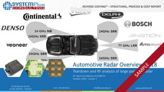 ©2018 by System Plus Consulting | Automotive Radar Overview 2018 1
22 Bd Benoni Goullin
44200 NANTES - FRANCE +33 2 40 18 09 16 info@systemplus.fr www.systemplus.fr
Automotive Radar Overview 2018
Teardown and RF analysis of large panel of Radar
RF report by Stéphane ELISABETH
October 2018 – version 1
REVERSE COSTING® – STRUCTURAL, PROCESS & COST REPORT
 