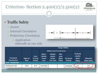 Criterion- Section 2.400(2)/2.500(2)
 Traffic Safety
 Access
 Internal Circulation
 Pedestrian Circulation
 Application-
sidewalk on one side
 