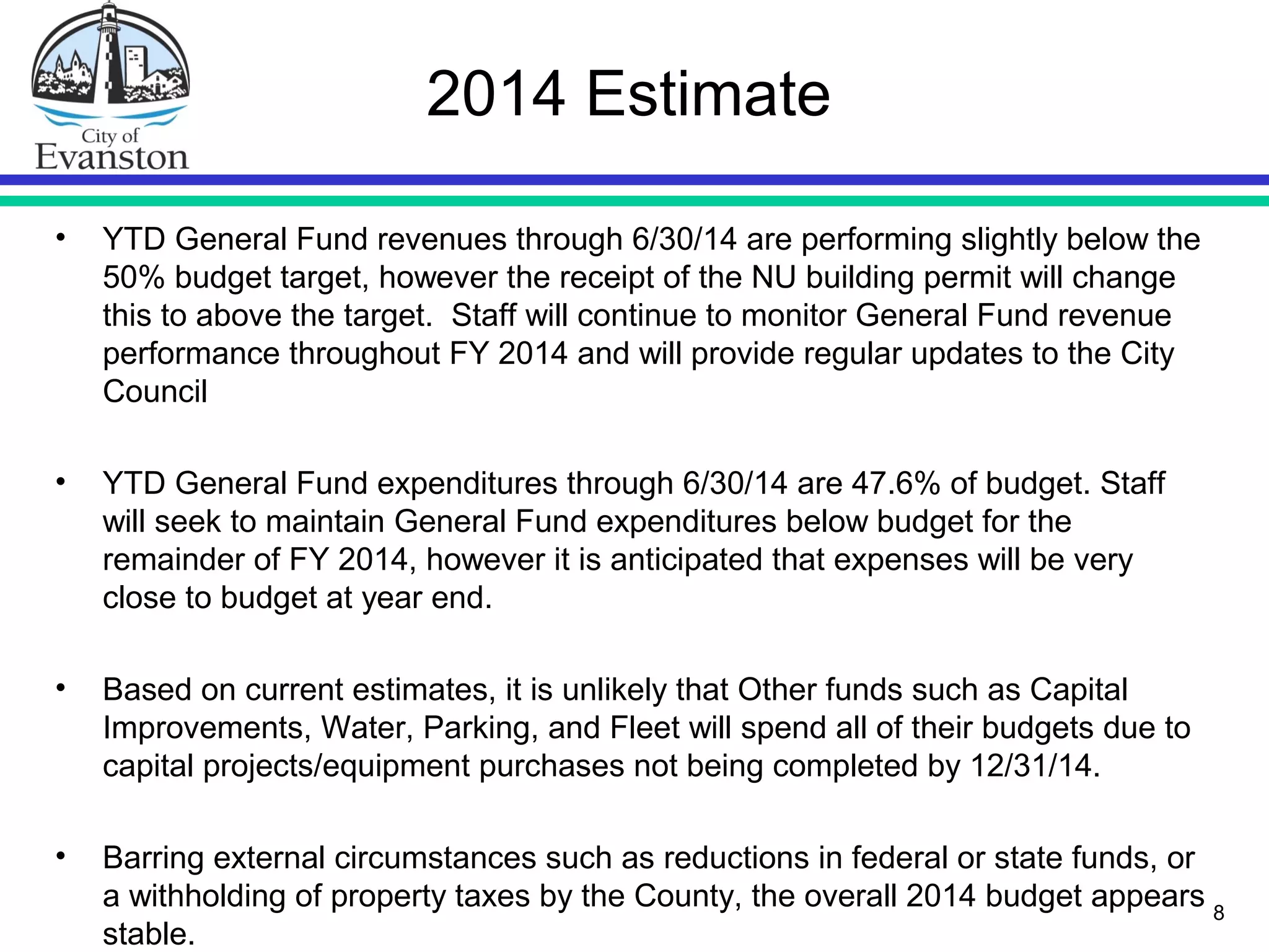 2014 Estimate
• YTD General Fund revenues through 6/30/14 are performing slightly below the
50% budget target, however the receipt of the NU building permit will change
this to above the target. Staff will continue to monitor General Fund revenue
performance throughout FY 2014 and will provide regular updates to the City
Council
• YTD General Fund expenditures through 6/30/14 are 47.6% of budget. Staff
will seek to maintain General Fund expenditures below budget for the
remainder of FY 2014, however it is anticipated that expenses will be very
close to budget at year end.
• Based on current estimates, it is unlikely that Other funds such as Capital
Improvements, Water, Parking, and Fleet will spend all of their budgets due to
capital projects/equipment purchases not being completed by 12/31/14.
• Barring external circumstances such as reductions in federal or state funds, or
a withholding of property taxes by the County, the overall 2014 budget appears
stable.
8
 