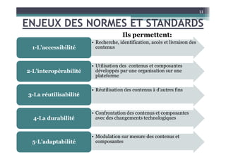 ENJEUX DES NORMES ET STANDARDS
11
• Recherche, identification, accès et livraison des
contenus1-L’accessibilité
• Utilisation des contenus et composantes
développés par une organisation sur une
plateforme
2-L’interopérabilité
Ils permettent:
• Réutilisation des contenus à d’autres fins
3-La réutilisabilité
• Confrontation des contenus et composantes
avec des changements technologiques4-La durabilité
• Modulation sur mesure des contenus et
composantes5-L’adaptabilité
 