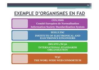 EXEMPLE D’ORGANISMES EN FAD
19
CEN/ISSS
Comité Européen de Normalisation
Information Society Standardization System
IEEE/LTSC
INSTITUTE OF ELECTRONICAL ANDINSTITUTE OF ELECTRONICAL AND
ELECTRONICS EINGINEERS
ISO/JTC1/SC36
INTERNATIONAL STANDARDS
ORGANISATION
W3C
THE WORL WIDE WEB CONSORTIUM
 
