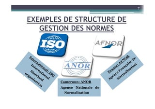 EXEMPLES DE STRUCTURE DE
GESTION DES NORMES
7
Cameroun: ANOR
Agence Nationale de
Normalisation
 