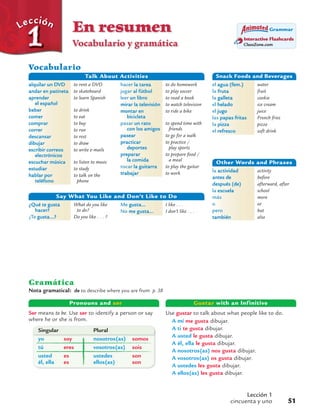 En resumen
Vocabulario y gramática
Lección
Interactive Flashcards
ClassZone.com
Grammar
Interactive Flashcards
ClassZone.com
Grammar
Vocabulario
Use gustar to talk about what people like to do.
A mí me gusta dibujar.
A ti te gusta dibujar.
A usted le gusta dibujar.
A él, ella le gusta dibujar.
A nosotros(as) nos gusta dibujar.
A vosotros(as) os gusta dibujar.
A ustedes les gusta dibujar.
A ellos(as) les gusta dibujar.
Ser means to be. Use ser to identify a person or say
where he or she is from.
Pronouns and ser Gustar with an Infinitive
Singular Plural
yo soy nosotros(as) somos
tú eres vosotros(as) sois
usted es ustedes son
él, ella es ellos(as) son
Gramática
Nota gramatical: de to describe where you are from p. 38
alquilar un DVD to rent a DVD
andar en patineta to skateboard
aprender to learn Spanish
el español
beber to drink
comer to eat
comprar to buy
correr to run
descansar to rest
dibujar to draw
escribir correos to write e-mails
electrónicos
escuchar música to listen to music
estudiar to study
hablar por to talk on the
teléfono phone
hacer la tarea to do homework
jugar al fútbol to play soccer
leer un libro to read a book
mirar la televisión to watch television
montar en to ride a bike
bicicleta
pasar un rato to spend time with
con los amigos friends
pasear to go for a walk
practicar to practice /
deportes play sports
preparar to prepare food /
la comida a meal
tocar la guitarra to play the guitar
trabajar to work
Talk About Activities
la actividad activity
antes de before
después (de) afterward, after
la escuela school
más more
o or
pero but
también also
Other Words and Phrases
Me gusta... I like . . .
No me gusta... I don’t like . . .
¿Qué te gusta What do you like
hacer? to do?
¿Te gusta...? Do you like . . . ?
Say What You Like and Don’t Like to Do
el agua (fem.) water
la fruta fruit
la galleta cookie
el helado ice cream
el jugo juice
las papas fritas French fries
la pizza pizza
el refresco soft drink
Snack Foods and Beverages
Lección 1
cincuenta y uno 51
 