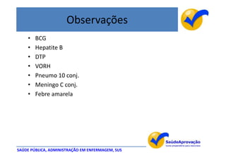 Observações
    •   BCG
    •   Hepatite B
    •   DTP
    •   VORH
    •   Pneumo 10 conj.
    •   Meningo C conj.
    •   Febre amarela




SAÚDE PÚBLICA, ADMINISTRAÇÃO EM ENFERMAGEM, SUS
 