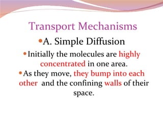   Transport Mechanisms A. Simple Diffusion Initially the molecules are  highly concentrated  in one area. As they move,  they bump into each other  and the confining  walls  of their space. 