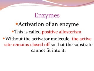 Enzymes Activation   of an enzyme This is called  positive allosterism . Without the activator molecule,  the active site remains closed off  so that the substrate cannot fit into it. 