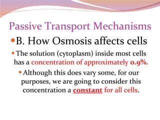 Passive Transport Mechanisms B. How Osmosis affects cells The solution (cytoplasm) inside most cells has a  concentration of approximately  o.9%. Although this does vary some, for our purposes, we are going to consider this concentration a  constant  for all cells . 