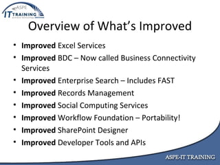 Overview of What’s Improved Improved  Excel Services Improved  BDC – Now called Business Connectivity Services Improved  Enterprise Search – Includes FAST Improved  Records Management Improved  Social Computing Services Improved  Workflow Foundation – Portability! Improved  SharePoint Designer Improved  Developer Tools and APIs 