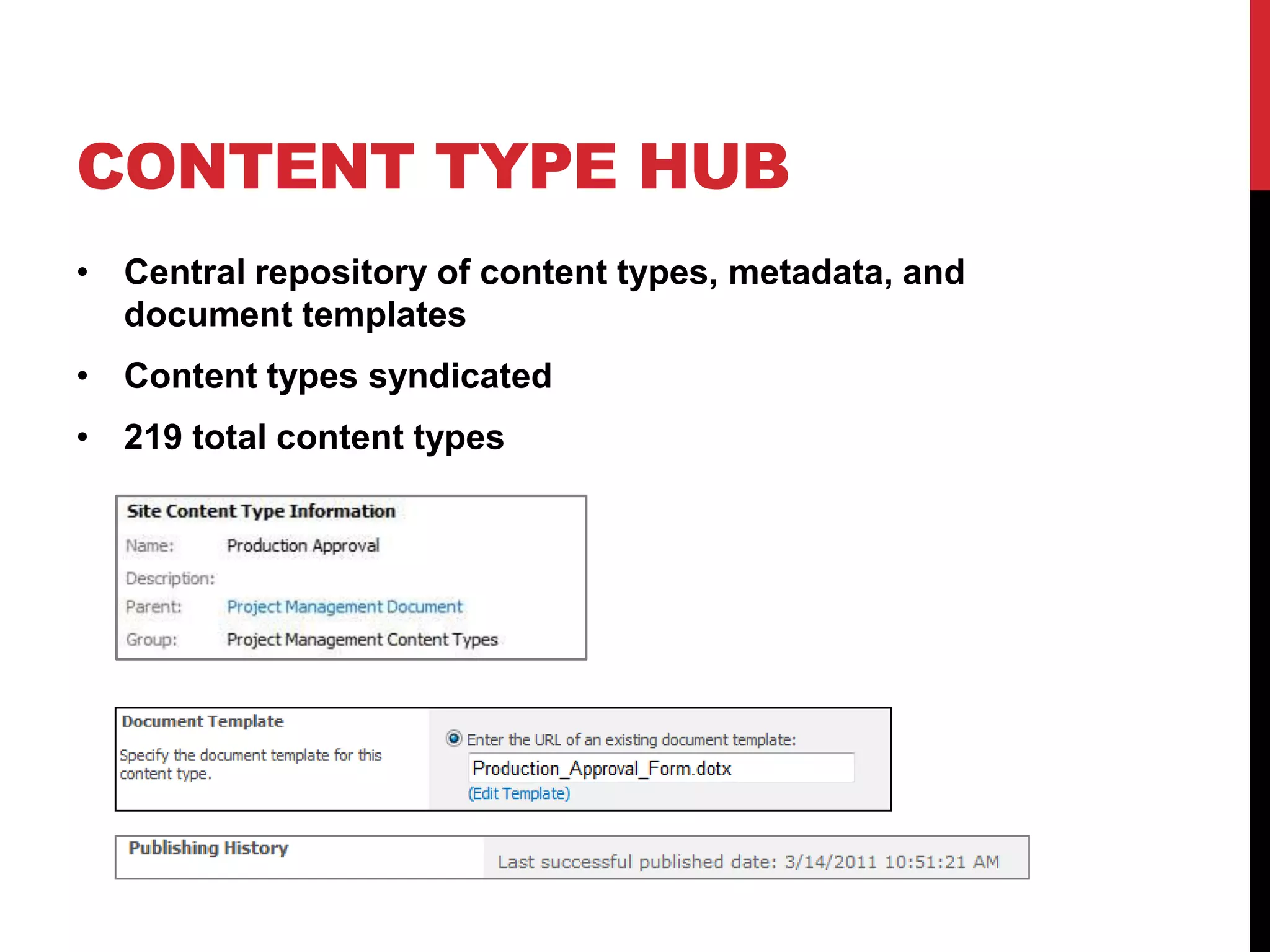 Security ArchitectureSecurity Centrally Managed Within IT - purpose, history, and useLeverage Active Directory GroupsPer Site Collection Setup: Admins – Site Champions and IT supportOwners – Contributor, Content ApprovalMembers – Contributor (same area/department)Users – Contributors (from a different area/department)Visitors – Restricted Read