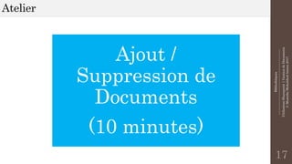 Bibliothèques
--------------------------------------------------------------
UtilisationSharepoint|GestiondeDocuments
©MostefaiMohahhedAmine2017
Atelier
17
Ajout /
Suppression de
Documents
(10 minutes)
 
