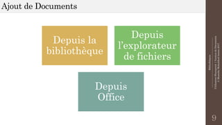 Bibliothèques
--------------------------------------------------------------
UtilisationSharepoint|GestiondeDocuments
©MostefaiMohahhedAmine2017
Ajout de Documents
9
Depuis la
bibliothèque
Depuis
l’explorateur
de fichiers
Depuis
Office
 