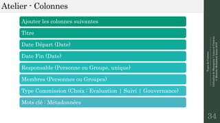 TypesdeContenu
--------------------------------------------------------------
UtilisationdeSharepoint|ListesetContenu
©MostefaiMohahhedAmine2019
Atelier - Colonnes
34
Ajouter les colonnes suivantes
Titre
Date Départ (Date)
Date Fin (Date)
Responsable (Personne ou Groupe, unique)
Membres (Personnes ou Groupes)
Type Commission (Choix : Evaluation | Suivi | Gouvernance)
Mots clé : Métadonnées
 