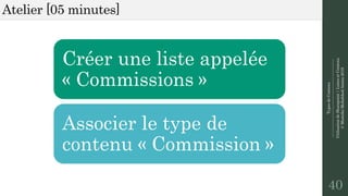 TypesdeContenu
--------------------------------------------------------------
UtilisationdeSharepoint|ListesetContenu
©MostefaiMohahhedAmine2019
Atelier [05 minutes]
40
Créer une liste appelée
« Commissions »
Associer le type de
contenu « Commission »
 