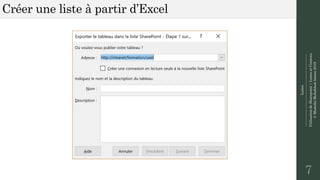 Listes
--------------------------------------------------------------
UtilisationdeSharepoint|ListesetContenu
©MostefaiMohahhedAmine2019
Créer une liste à partir d’Excel
7
 