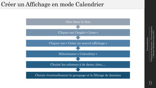 Personnalisation
--------------------------------------------------------------
UtilisationdeSharepoint|Personnalisation
©MostefaiMohahhedAmine2017
Créer un Affichage en mode Calendrier
9
Choisir éventuellement le groupage et le filtrage de données
Choisir les colonnes à de dates, titre,…
Sélectionner « Calendrier »
Cliquer sur « Créer un nouvel affichage »
Cliquer sur l’onglet « Liste »
Aller dans la liste
 
