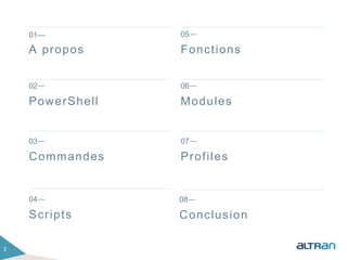 2
01—
A propos
05—
Fonctions
06—
Modules
07—
Profiles
02—
PowerShell
03—
Commandes
08—
Conclusion
04—
Scripts
 