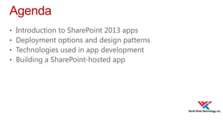 Agenda
•
•
•
•

Introduction to SharePoint 2013 apps
Deployment options and design patterns
Technologies used in app development
Building a SharePoint-hosted app

 