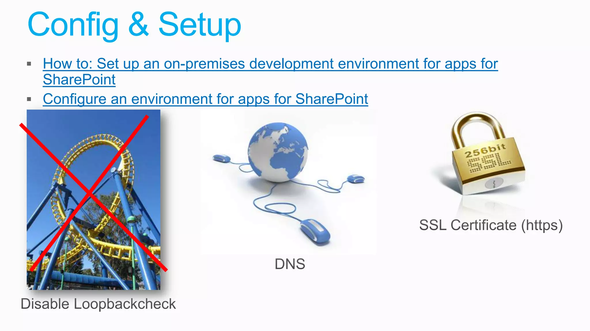 Config & Setup
 How to: Set up an on-premises development environment for apps for
  SharePoint
 Configure an environment for apps for SharePoint
 
