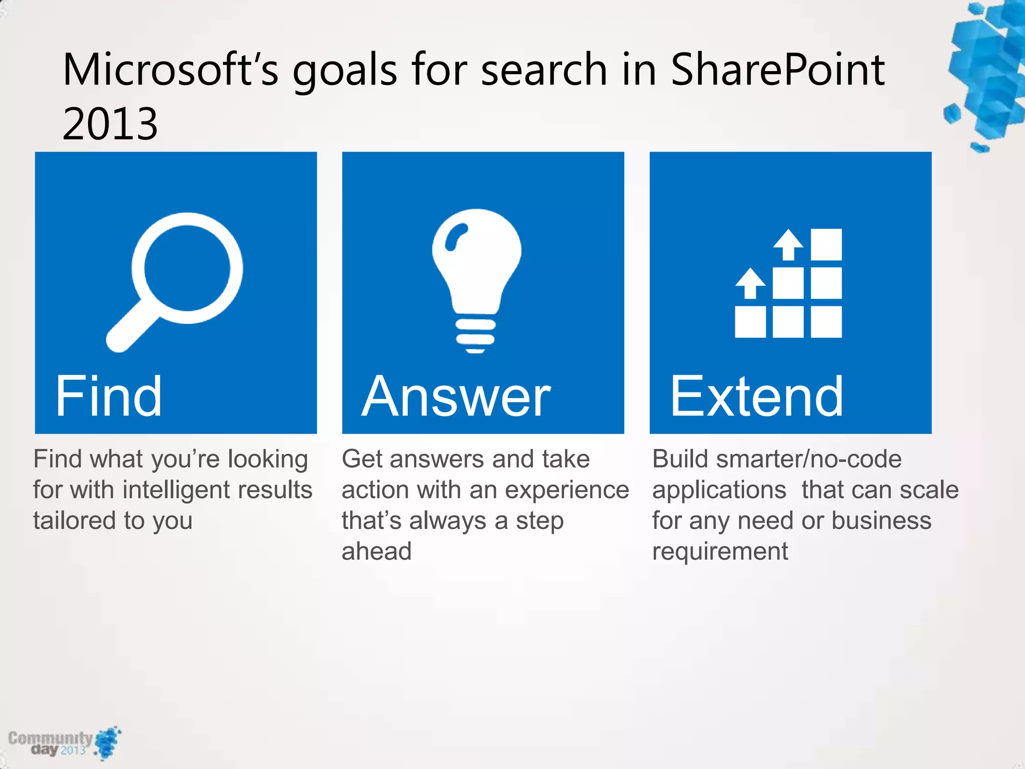 Microsoft’s goals for search in SharePoint
2013
Find what you‟re looking
for with intelligent results
tailored to you
Get answers and take
action with an experience
that‟s always a step
ahead
Build smarter/no-code
applications that can scale
for any need or business
requirement
 