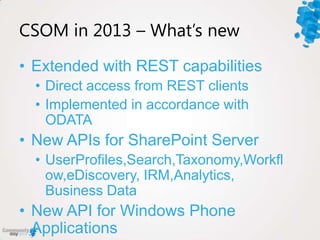 CSOM in 2013 – What’s new
• Extended with REST capabilities
• Direct access from REST clients
• Implemented in accordance ...