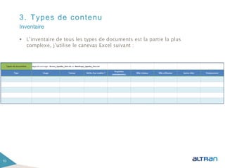 3. Types de contenu
 L’inventaire de tous les types de documents est la partie la plus
complexe, j’utilise le canevas Excel suivant :
10
Inventaire
 