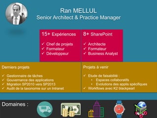 3
Ran MELLUL
Senior Architect & Practice Manager
15+ Expériences
 Chef de projets
 Formateur
 Développeur
8+ SharePoint
 Architecte
 Formateur
 Business Analyst
Derniers projets
 Gestionnaire de tâches
 Gouvernance des applications
 Migration SP2010 vers SP2013
 Audit de la taxonomie sur un Intranet
Domaines :
Projets à venir
 Etude de faisabilité :
• Espaces collaboratifs
• Evolutions des applis spécifiques
 Workflows avec K2 blackpearl
 