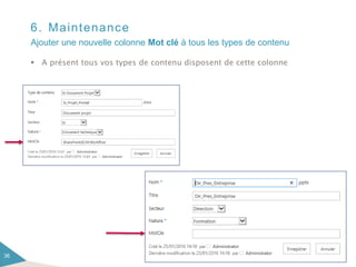 6. Maintenance
 A présent tous vos types de contenu disposent de cette colonne
36
Ajouter une nouvelle colonne Mot clé à tous les types de contenu
 