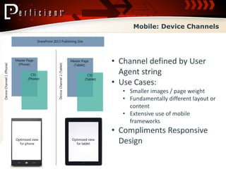 Mobile: Device Channels




• Channel defined by User
  Agent string
• Use Cases:
  • Smaller images / page weight
  • Fundamentally different layout or
    content
  • Extensive use of mobile
    frameworks
• Compliments Responsive
  Design
 