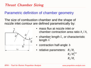 Thrust Chamber Sizing
Parametric definition of chamber geometry
The size of combustion chamber and the shape of
nozzle inlet contour are defined parametrically by:
RPA – Tool for Rocket Propulsion Analysis www.propulsion-analysis.com
● mass flux at nozzle inlet or
chamber contraction area ratio
● chamber length or characteristic
length
● contraction half-angle
● relative parameters:
Ac / At
Lc
L*
R1/Rt
R2/ R2
max
Rn /Rt
b
 
