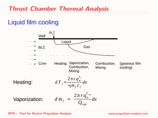 Thrust Chamber Thermal Analysis
Liquid film cooling
RPA – Tool for Rocket Propulsion Analysis www.propulsion-analysis.com
d T f =
2π r qw
T f
η ˙m f ̄cf
dx
d ˙mf =
2π r qw
T vap
Qvap
dx
Heating:
Vaporization:
.
Core
BLC
mf
Wall
Heating Vaporization,
Combustion,
Mixing
Combustion,
Mixing
Liquid
Gas
(gaseous film
cooling)
 