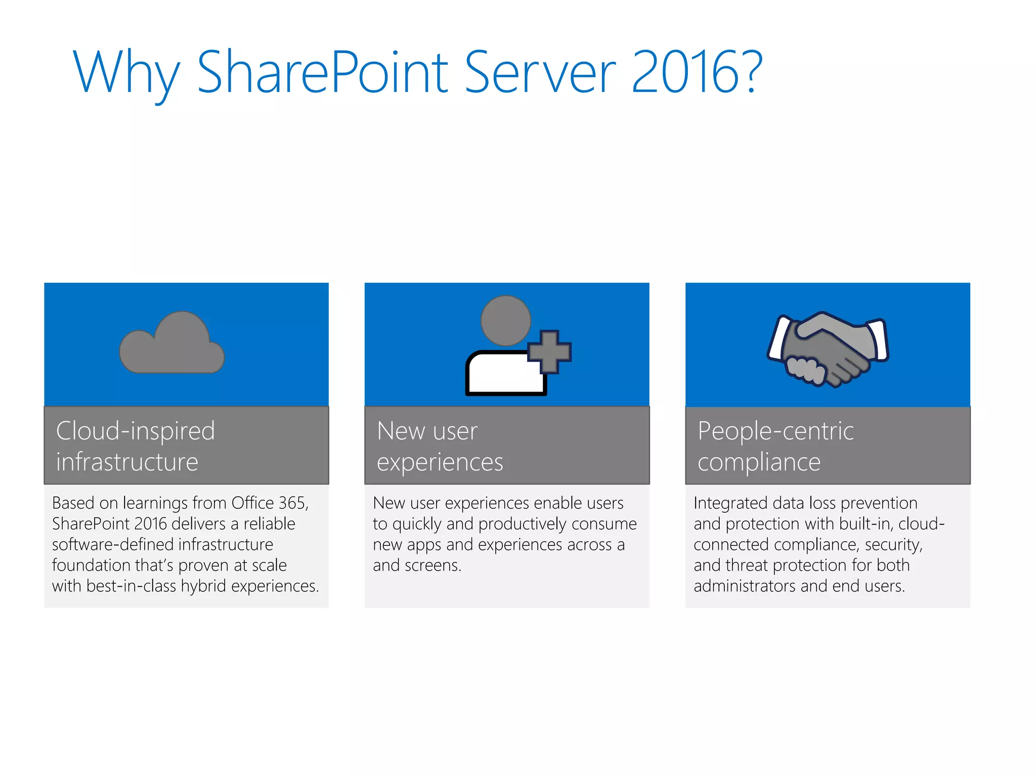 New user experiences enable users
to quickly and productively consume
new apps and experiences across a
and screens.
New user
experiences
Integrated data loss prevention
and protection with built-in, cloud-
connected compliance, security,
and threat protection for both
administrators and end users.
People-centric
compliance
Based on learnings from Office 365,
SharePoint 2016 delivers a reliable
software-defined infrastructure
foundation that’s proven at scale
with best-in-class hybrid experiences.
Cloud-inspired
infrastructure
 