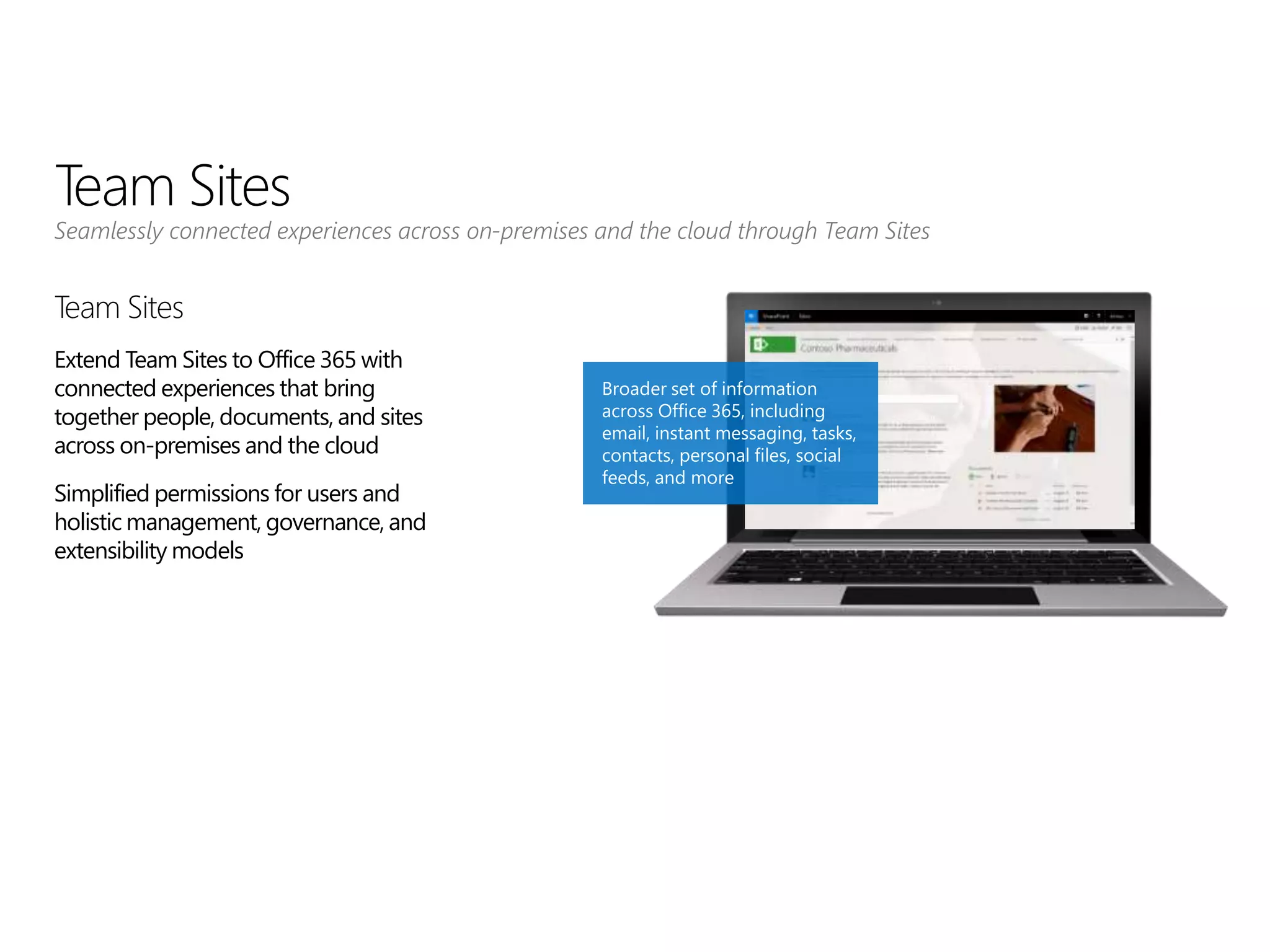 Team Sites
Seamlessly connected experiences across on-premises and the cloud through Team Sites
Team Sites
Extend Team Sites to Office 365 with
connected experiences that bring
together people, documents, and sites
across on-premises and the cloud
Simplified permissions for users and
holistic management, governance, and
extensibility models
Broader set of information
across Office 365, including
email, instant messaging, tasks,
contacts, personal files, social
feeds, and more
 