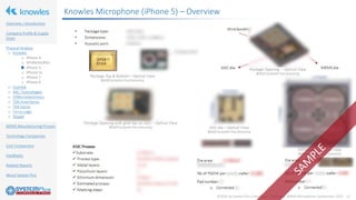 ©2020 by System Plus Consulting | Consumer MEMS Microphone Comparison 2020 13
Overview / Introduction
Company Profile & Supply
Chain
Physical Analysis
o Knowles
o iPhone 4
o SPU0410LR5H
o iPhone 5
o iPhone 5s
o iPhone 7
o iPhone X
o Goertek
o AAC Technologies
o STMicroelectronics
o TDK-InvenSense
o TDK-Epcos
o Cirrus Logic
o Vesper
MEMS Manufacturing Process
Technology Comparison
Cost Comparison
Feedbacks
Related Reports
About System Plus
Knowles Microphone (iPhone 5) – Overview
 