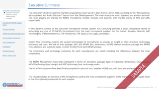 ©2020 by System Plus Consulting | Consumer MEMS Microphone Comparison 2020 3
Overview / Introduction
o Executive Summary
o Reverse Costing
Methodology
o Glossary
Company Profile & Supply
Chain
Physical Analysis
MEMS Manufacturing Process
Technology Comparison
Cost Comparison
Feedbacks
Related Reports
About System Plus
Executive Summary
The consumer MEMS microphone market is expected to reach $1.5B in 2024 from $1.1B in 2019, according to the “Microphones,
Microspeakers and Audio Solutions” report from Yole Développement. The main drivers are smart speakers and wireless earbuds.
Two main players are sharing the MEMS microphone market, Knowles and Goertek, with market shares of 39% and 28%,
respectively.
In this dynamic context of the consumer microphone market, System Plus Consulting provides a deep comparative review of
technology and cost of 19 MEMS microphones from the main microphone suppliers on the market: Knowles, Goertek, AAC
Technologies, STMicroelectronics, TDK-InvenSense, TDK-Epcos, Cirrus Logic, and Vesper.
System Plus Consulting analyzes the several technologies of microphones to provide an insight on their structure, technology,
processes and costs. We look at their package, ASIC and MEMS dies, dimensions, MEMS internal structure, package and MEMS
cross-sections, and substrate types, in order to determine each MEMS process.
The innovations and technology evolutions for each manufacturer are noted including the differences between the main
competitors.
The MEMS Microphones have been compared in terms of: Structure, package (type of substrate, dimensions, cross-section),
MEMS technology (size, design) and ASIC technology (size, technology node).
The MEMS Microphones have been finally compared in terms of cost: Detailed MEMS cost, ASIC cost, test and packaging costs.
This report includes an overview of the microphones used by the main smartphone suppliers in the market. Also, the supply chain
of the microphones is evaluated for each supplier.
 