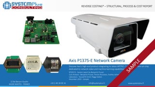 ©2021 by System Plus Consulting | Axis P1375-E Network Camera | Sample 1
22 Bd Benoni Goullin
44200 NANTES - FRANCE +33 2 40 18 09 16 info@systemplus.fr www.systemplus.fr
REVERSE COSTING® – STRUCTURAL, PROCESS & COST REPORT
Axis P1375-E Network Camera
Discover Axis’s high-end product integrating its latest ARTPEC-7 in-house system-on-chip
dedicated to network video and machine learning capabilities.
SP20573 - System report by Benjamin Pussat
Cost Analysis : Benjamin Pussat, Florian Rousseau, Audrey Lahrach
Laboratory : Youssef El Gmili, Peggy Gallois
December 2020 – Sample
 