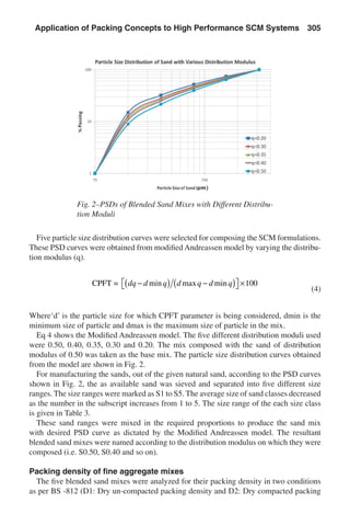 Five particle size distribution curves were selected for composing the SCM formulations.
These PSD curves were obtained from modified Andreassen model by varying the distribu-
tion modulus (q).
	
CPFT = dq d q d q d q−( ) −( )  ×min max min 100
	(4)
Where‘d’ is the particle size for which CPFT parameter is being considered, dmin is the
minimum size of particle and dmax is the maximum size of particle in the mix.
Eq 4 shows the Modified Andreassen model. The five different distribution moduli used
were 0.50, 0.40, 0.35, 0.30 and 0.20. The mix composed with the sand of distribution
modulus of 0.50 was taken as the base mix. The particle size distribution curves obtained
from the model are shown in Fig. 2.
For manufacturing the sands, out of the given natural sand, according to the PSD curves
shown in Fig. 2, the as available sand was sieved and separated into five different size
ranges. The size ranges were marked as S1 to S5. The average size of sand classes decreased
as the number in the subscript increases from 1 to 5. The size range of the each size class
is given in Table 3.
These sand ranges were mixed in the required proportions to produce the sand mix
with desired PSD curve as dictated by the Modified Andreassen model. The resultant
blended sand mixes were named according to the distribution modulus on which they were
composed (i.e. S0.50, S0.40 and so on).
Packing density of fine aggregate mixes
The five blended sand mixes were analyzed for their packing density in two conditions
as per BS -812 (D1: Dry un-compacted packing density and D2: Dry compacted packing
Fig. 2–PSDs of Blended Sand Mixes with Different Distribu-
tion Moduli
Application of Packing Concepts to High Performance SCM Systems  305
 