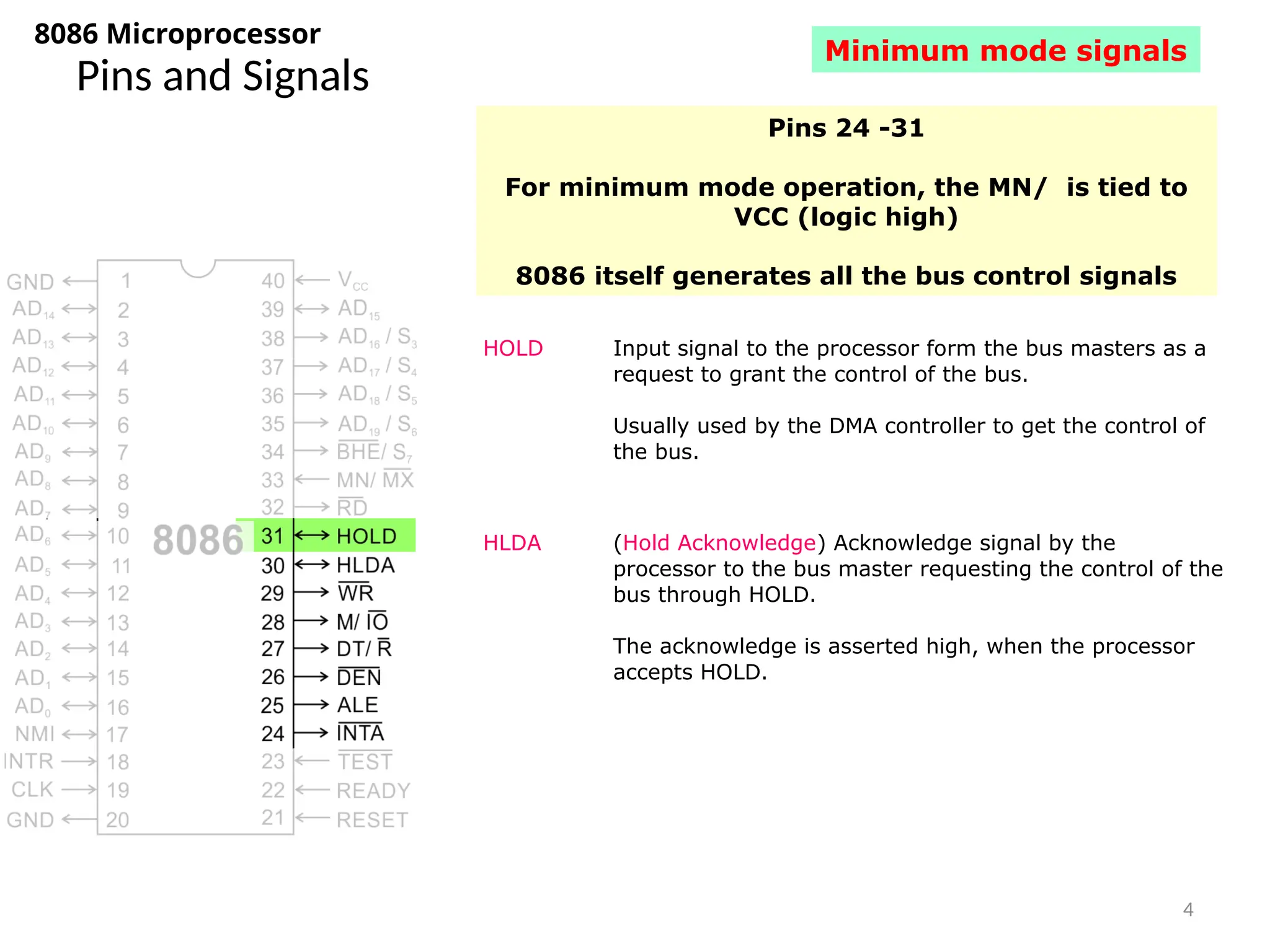 4
Pins and Signals
8086 Microprocessor
HOLD Input signal to the processor form the bus masters as a
request to grant the control of the bus.
Usually used by the DMA controller to get the control of
the bus.
HLDA (Hold Acknowledge) Acknowledge signal by the
processor to the bus master requesting the control of the
bus through HOLD.
The acknowledge is asserted high, when the processor
accepts HOLD.
Minimum mode signals
Pins 24 -31
For minimum mode operation, the MN/ is tied to
VCC (logic high)
8086 itself generates all the bus control signals
 