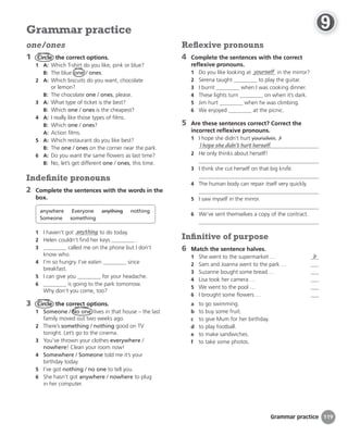 Grammar practice
Reﬂexive pronouns
4 Complete the sentences with the correct
reflexive pronouns.
1 Do you like looking at yourself in the mirror?
2 Serena taught to play the guitar.
3 I burnt when I was cooking dinner.
4 These lights turn on when it’s dark.
5 Jim hurt when he was climbing.
6 We enjoyed at the picnic.
5 Are these sentences correct? Correct the
incorrect reflexive pronouns.
1 I hope she didn’t hurt yourselves. ✗
I hope she didn’t hurt herself.
2 He only thinks about herself!
3 I think she cut herself on that big knife.
4 The human body can repair itself very quickly.
5 I saw myself in the mirror.
6 We’ve sent themselves a copy of the contract.
Inﬁnitive of purpose
6 Match the sentence halves.
1 She went to the supermarket … b
2 Sam and Joanna went to the park …
3 Suzanne bought some bread …
4 Lisa took her camera …
5 We went to the pool …
6 I brought some flowers …
a to go swimming.
b to buy some fruit.
c to give Mum for her birthday.
d to play football.
e to make sandwiches.
f to take some photos.
one/ones
1 Circle the correct options.
1 A: Which T-shirt do you like, pink or blue?
B: The blue one / ones.
2 A: Which biscuits do you want, chocolate
or lemon?
B: The chocolate one / ones, please.
3 A: What type of ticket is the best?
B: Which one / ones is the cheapest?
4 A: I really like those types of films.
B: Which one / ones?
A: Action films.
5 A: Which restaurant do you like best?
B: The one / ones on the corner near the park.
6 A: Do you want the same flowers as last time?
B: No, let’s get different one / ones, this time.
Indeﬁnite pronouns
2 Complete the sentences with the words in the
box.
anywhere Everyone anything nothing
Someone something
1 I haven’t got anything to do today.
2 Helen couldn’t find her keys .
3 called me on the phone but I don’t
know who.
4 I’m so hungry. I’ve eaten since
breakfast.
5 I can give you for your headache.
6 is going to the park tomorrow.
Why don’t you come, too?
3 Circle the correct options.
1 Someone / No one lives in that house – the last
family moved out two weeks ago.
2 There’s something / nothing good on TV
tonight. Let’s go to the cinema.
3 You’ve thrown your clothes everywhere /
nowhere! Clean your room now!
4 Somewhere / Someone told me it’s your
birthday today.
5 I’ve got nothing / no one to tell you.
6 She hasn’t got anywhere / nowhere to plug
in her computer.
Grammar practice
119
9
9
9
9
9
9
9
9
9
9
9
9
9
9
9
9
9
9
9
9
9
9
9
9
9
9
9
9
9
9
9
9
9
9
9
9
9
9
9
9
9
9
 