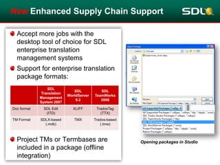 3. Overview: What's New?Your translation environment. Your SDL Trados StudioNew innovation, performance and supply chain integration based on user feedbackSDL Trados Studio 2009 SP2 The Cornerstone Of Your Translation EnvironmentAccept More Jobs Than Any Other Translation Tool