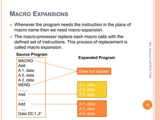 MACRO EXPANSIONS
 Whenever the program needs the instruction in the place of
macro name then we need macro expansion.
 The macro-processor replace each macro calls with the
defined set of instructions. This process of replacement is
called macro expansion.
MACRO
Add
A 1, data
A 2, data
A 3, data
MEND
…….
Add
……
Add
……
Data DC f „5‟
A 1, data
A 2, data
A 3, data
A 1, data
A 2, data
A 3, data
Does not appear
Expanded Program
Source Program
12
Mrs.
Saranya
V,AP/BCA,TICM
 