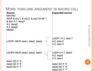 MORE THAN ONE ARGUMENT IN MACRO CALL
Source
MACRO
INCR & arg 1, & arg 2, & arg 3,& lab 1
& lab1 A 1, &arg1
A 2, &arg2
A 3, &arg3
MEND
:
:
:
LOOP1 INCR data1, data2, data3
:
:
:
LOOP2 INCR data3, data2, data1
:
:
data1 DC F ‘5’
data2 DC F ‘6’
data3 DC F ‘7’
Expanded source
:
:
:
:
:
:
:
:
LOOP 1 A 1, data 1
A 2, data 2
A 3, data 3
:
:
LOOP 2 A 1, data3
A 2, data2
A 3, data1
:
data1 DC F ‘5’
data2 DC F ‘6’
data3 DC F ‘7’
17
Mrs.
Saranya
V,AP/BCA,TICM
 